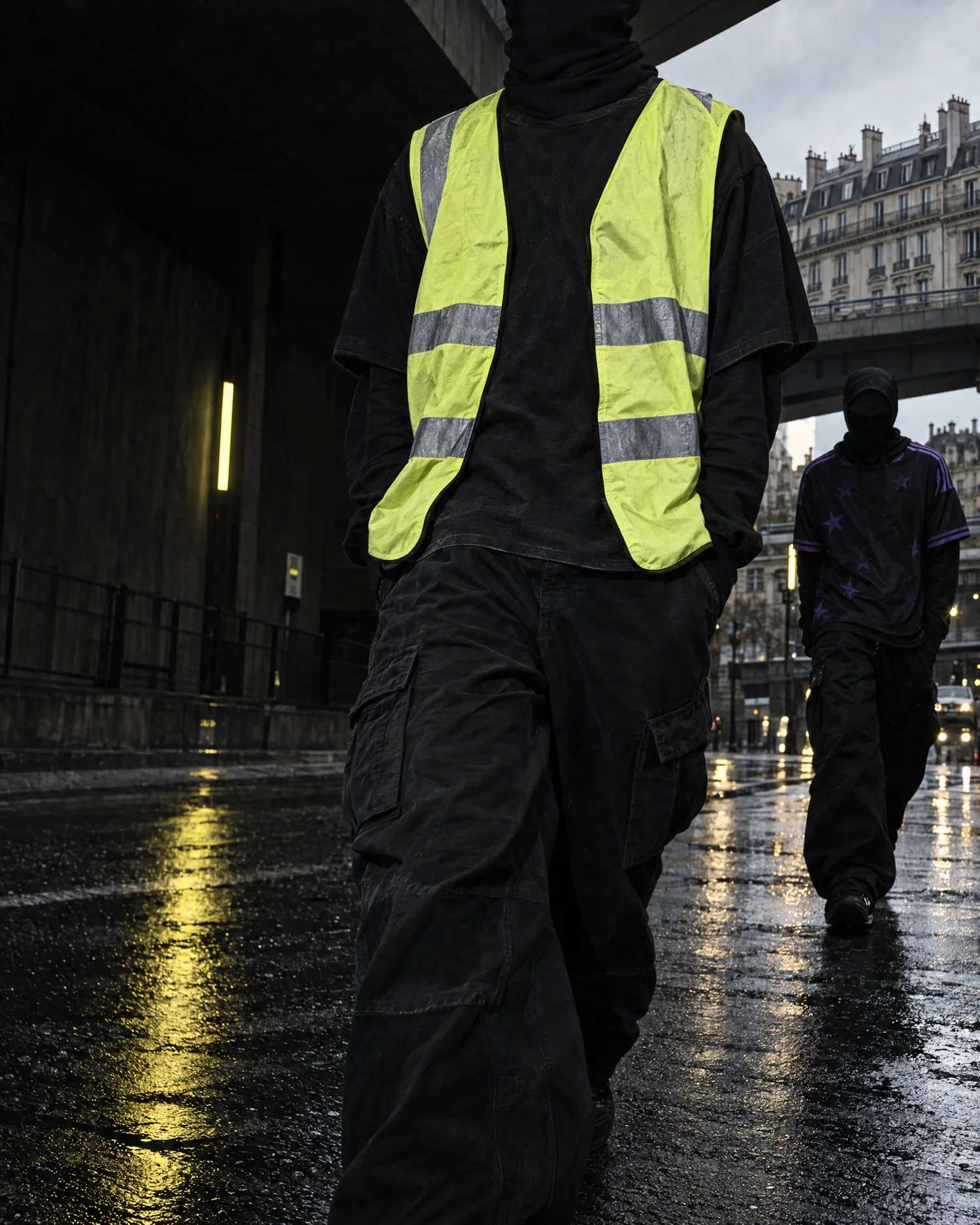 Campagne de démonstration : silhouettes streetwear en noir, jaune fluorescent et violet dans une rue